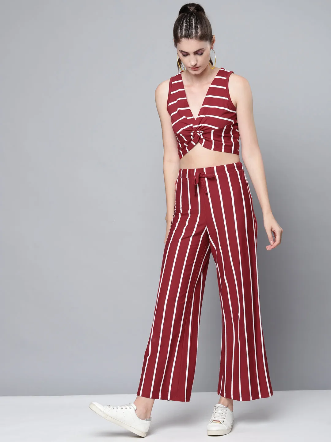 Women Maroon Stripes Drawstring Wide Leg