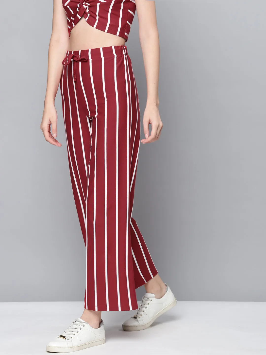 Women Maroon Stripes Drawstring Wide Leg