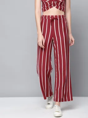 Women Maroon Stripes Drawstring Wide Leg