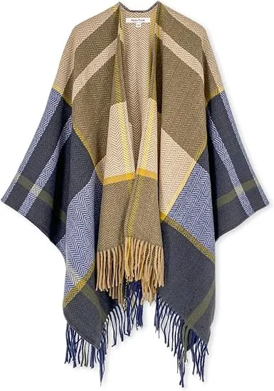 Yellow Winter Chic Plaid Poncho Cardigan