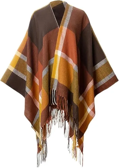 Yellow Winter Chic Plaid Poncho Cardigan