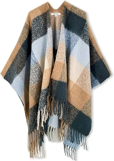 Yellow Winter Chic Plaid Poncho Cardigan