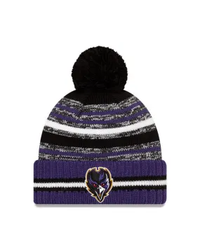 Youth Baltimore Ravens New Era 2021 NFL Sideline - Sport Official Pom Cuffed Knit Hat - Purple/Black