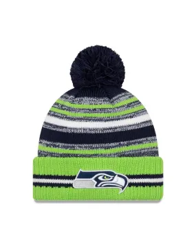 Youth Seattle Seahawks New Era 2021 NFL Sideline - Sport Official Pom Cuffed Knit Hat - Neon/Navy